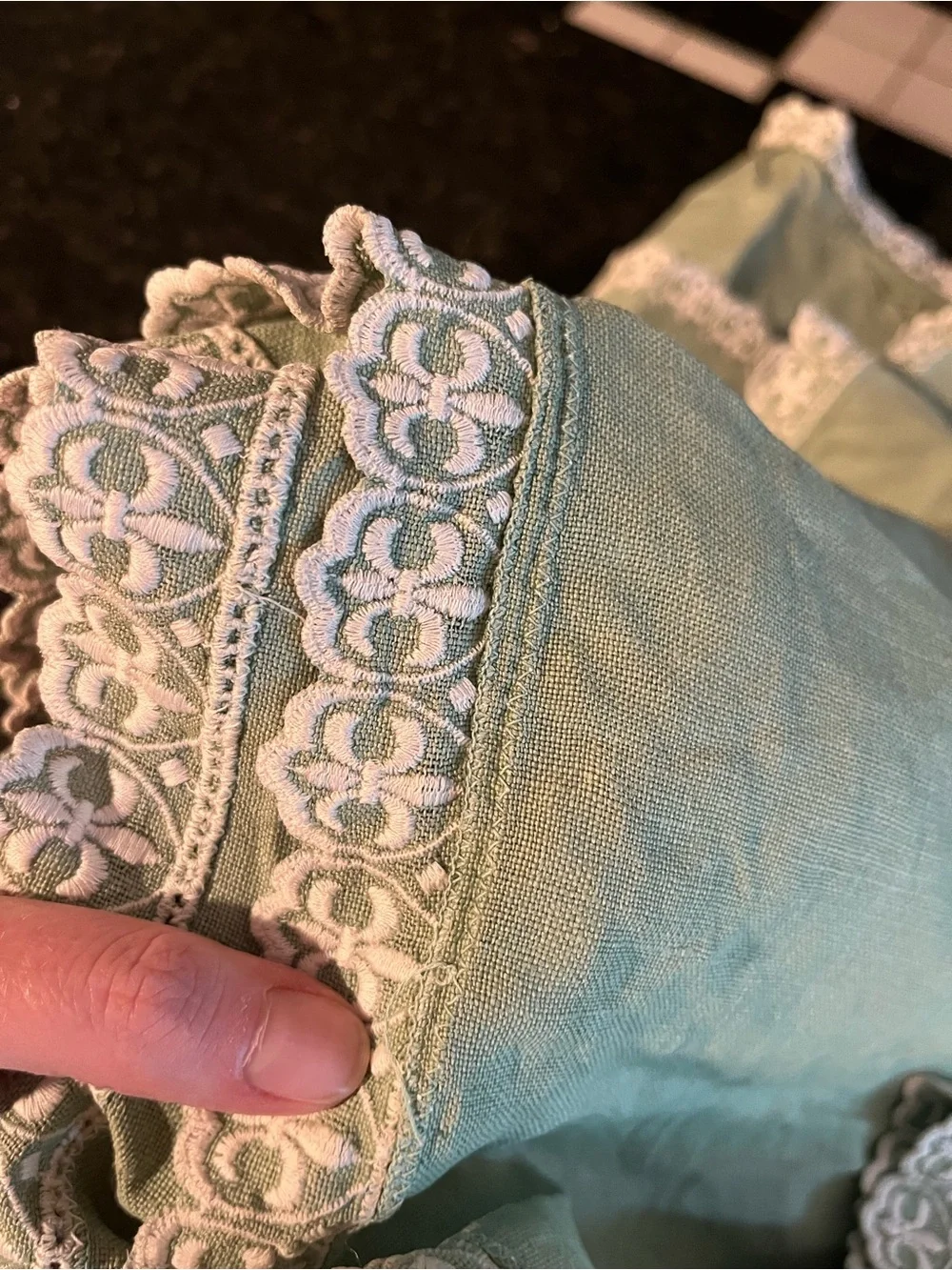 Vintage Sage Green tablecloth with Lace Trim